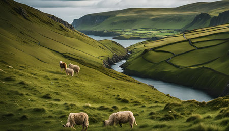 A scenic view of sheep grazing on a lush green hillside overlooking a narrow fjord. The valley is surrounded by rolling hills and the sky is filled with soft white clouds.の写真素材