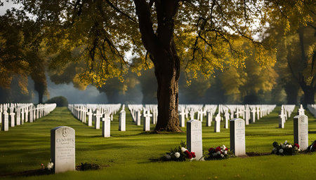 A cemetery with rows of white headstones in the grass, beneath a large tree with yellow leaves, honoring fallen military personnel.の写真素材