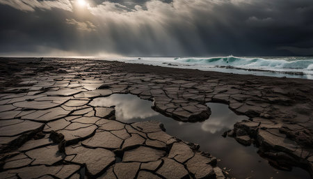 A dramatic seascape featuring cracked earth and a stormy sky with sun rays peeking through the clouds. The water reflects the sky and clouds and creates a stunning contrast against the rugged coastline.の写真素材