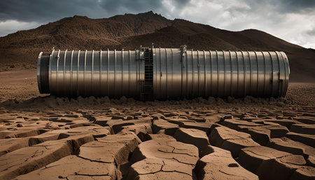 A long, cylindrical metallic structure lies on a barren, cracked landscape. The dry earth creates a striking contrast with the shiny metal surface.の写真素材