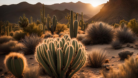 A stunning sunset illuminates a desert landscape filled with cacti, casting long shadows across the sand and creating a warm, golden glow. The silhouette of mountains in the background adds depth and grandeur to the scene.の写真素材