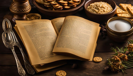 A vintage book with yellowed pages lies open on a wooden table surrounded by cookies, crackers, and other snacks.の写真素材