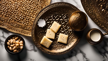 A beautifully styled still life photo of oriental sweets on a golden tray. The treats are surrounded by decorative elements, adding to the rich and luxurious aesthetic of the image.の写真素材