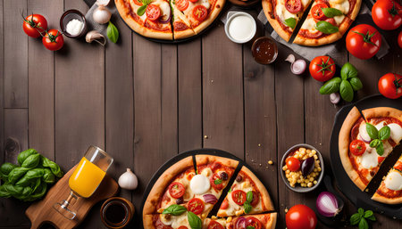 A flat lay photo of a variety of pizzas arranged on a wooden table with various ingredients around them. The pizzas are topped with cheese, pepperoni, tomatoes, and other toppings. There is a glass of orange juice and other ingredients on the table.の写真素材