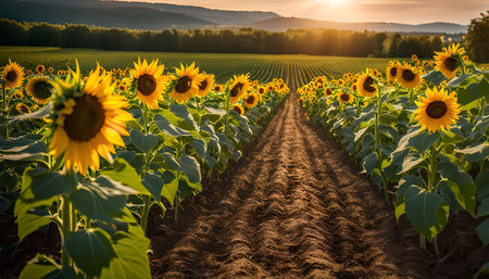 A field of vibrant sunflowers blooms in the golden light of sunset. The rows of sunflowers stretch towards the horizon, creating a stunning and peaceful landscape.の写真素材