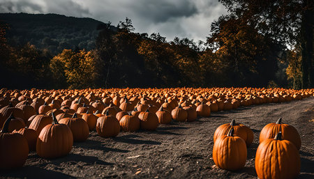 A field of pumpkins ready for harvest on an autumn day.の写真素材
