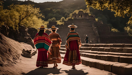 Three women wearing colorful traditional Mexican clothing walk towards an ancient pyramid with a stone path. The ruins are located in a lush green landscape.の写真素材