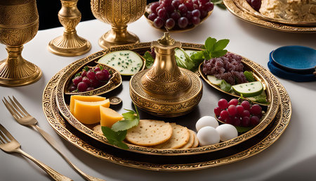 A beautifully arranged Passover Seder plate with gold trimmed dishes, featuring traditional foods like matzah, wine, grapes, eggs, charoset, maror, and horseradish.の写真素材