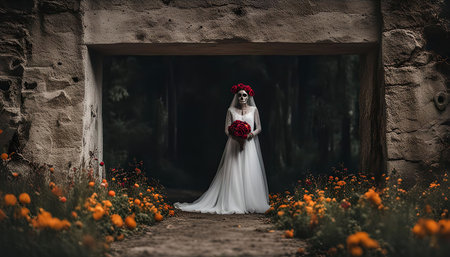 A woman in a white wedding dress with skull makeup and a red floral crown stands in front of an old stone archway surrounded by orange flowers, her hand holding a bouquet of red roses.の写真素材