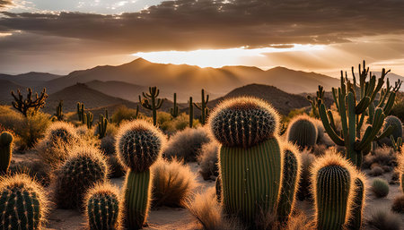 A beautiful desert landscape with a vibrant sunset casting warm light on the tall cacti and distant mountains.の写真素材