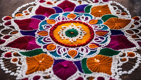 A close-up of a colorful and intricate Rangoli design, a traditional Indian art form often used during festivals and celebrations. The design features vibrant colors, intricate patterns, and a circular mandala-like shape.の写真素材