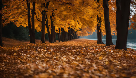 A picturesque view of golden autumn leaves covering the ground in a park.の写真素材