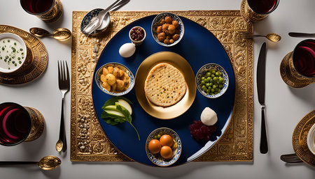 A beautifully set Seder plate for Passover, showing the traditional symbols of the holiday: matzah, charoset, egg, horseradish, bitter herbs, and more.の写真素材