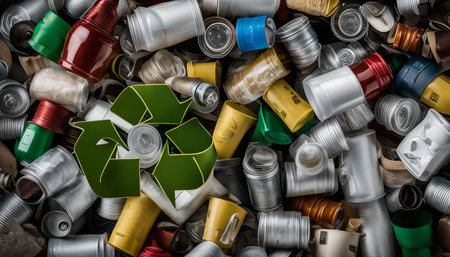 A close-up image of a pile of recyclable objects, such as cans, plastic containers, and bottles, with a large green recycling symbol prominently displayed in the center.の写真素材