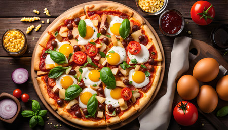 A delicious pizza with fried eggs, tomatoes, and other toppings, photographed from a top-down perspective. It's a perfect meal for breakfast, lunch, or dinner.の写真素材
