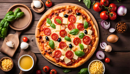 A mouthwatering pizza topped with fresh tomatoes, mozzarella cheese, basil leaves, olives, and a tangy sauce. The pizza is presented on a wooden table with other ingredients, creating a visually appealing and delicious scene.の写真素材