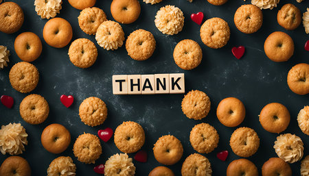 A close-up shot of cookies arranged on a dark surface with the word "Thank You" spelled out in wooden blocks in the middle.の写真素材