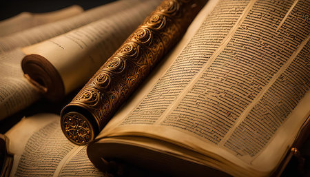 A close-up view of an ancient, ornate manuscript book with its pages open. The book is adorned with beautiful golden details and the text is written in a classic script. The image evokes a sense of history, knowledge, and wisdom.の写真素材