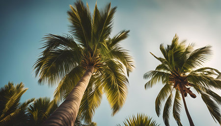 Palm trees reach up towards a bright blue sky, creating a serene and tropical atmosphere.の写真素材
