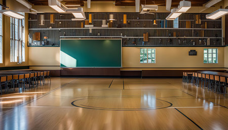 An empty classroom with a large green chalkboard, rows of desks and chairs, and windows letting in natural light.の写真素材