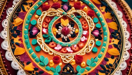 Close up view of a colorful, circular mandala artwork created with intricately paper quilling. The mandala features delicate floral patterns, leaves, and geometric shapes arranged in a symmetrical design. The piece boasts a range of vibrant colors and a captivating texture.の写真素材