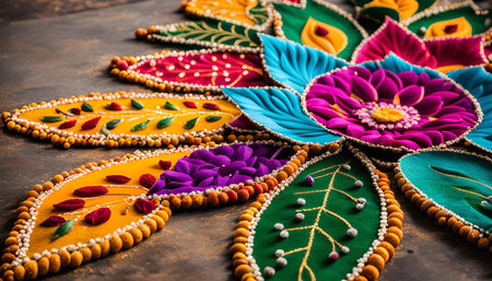 A close-up view of a colorful and intricately designed mandala decoration, featuring floral motifs and leaves, symbolizing traditional Indian art and cultureの写真素材
