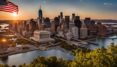A panoramic view of a city skyline at sunset with the American flag waving in the foreground. The...