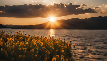 A tranquil sunset over a calm lake, with mountains silhouetted in the distance and a field of yellow flowers in the foreground. The golden rays of the setting sun illuminate the sky and the water, creating a peaceful and serene atmosphere.の写真素材