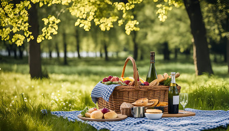 A picnic basket overflowing with food and wine sits on a checkered blanket in a sunlit forest.の写真素材