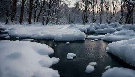 A frozen river in the middle of a snowy forest. The water is still and the trees are covered in snow.の写真素材