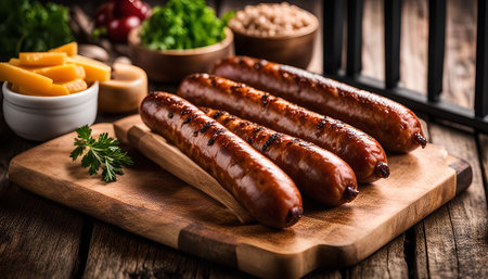 Close up of four grilled sausages on a wooden cutting board. They look delicious and are ready to be eaten.の写真素材
