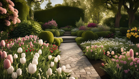 A winding stone path leads through a vibrant spring garden, featuring a beautiful variety of tulips, flowering bushes, and trees.の写真素材