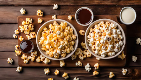 A close-up of two bowls of popcorn, chocolate sauce, and milk on a wooden table, perfect for a movie night snack.の写真素材