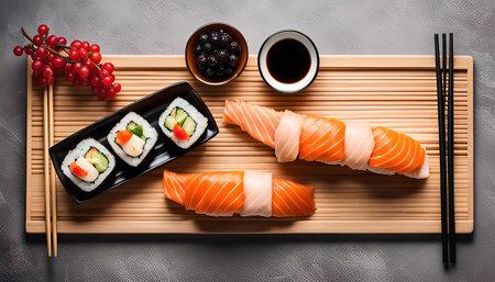 A close-up shot of a sushi set served on a wooden plate. The set includes maki, nigiri and salmon. The plate is also adorned with chopsticks, soy sauce, and a twig with red berries.の写真素材
