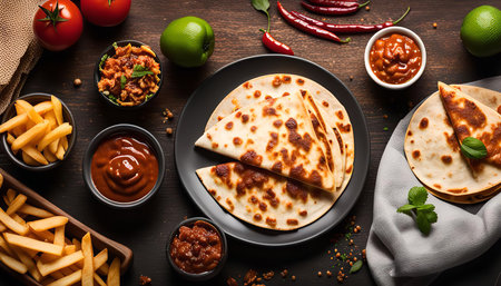 Close-up view of a Mexican quesadilla on a wooden table, served with various dipping sauces and French fries.の写真素材
