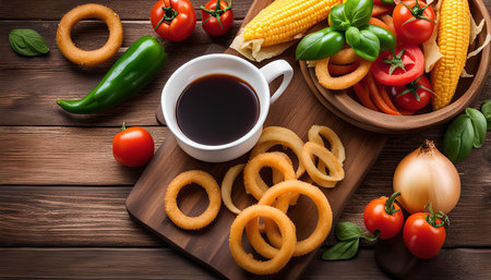 A mouthwatering arrangement of food on a rustic wooden table. Onion rings, fresh tomatoes, sweet corn, and a cup of coffee are ready to enjoy. The vibrant colors and delicious ingredients make this a feast for the eyes and the stomach.の写真素材