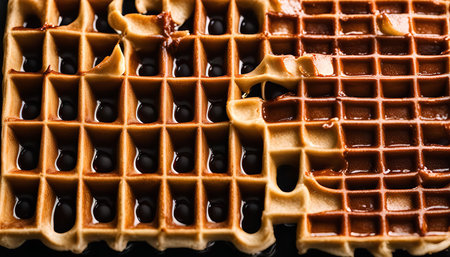 A close up shot of two golden waffles with syrup.の写真素材