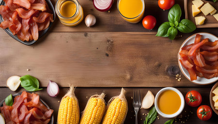 A rustic wooden table is adorned with an assortment of ingredients for a delectable meal. Smoked meat, corn on the cob, fresh basil, tomatoes, red onions, garlic, and mustard are arranged on a wooden surface, creating a visually appealing and appetizing scene.の写真素材