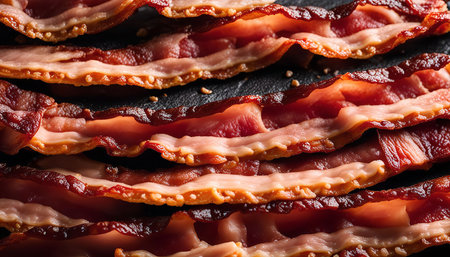 A close-up shot of crispy bacon, showing its golden-brown color, crispy texture, and inviting aroma.の写真素材