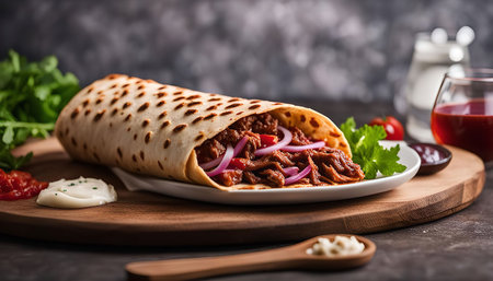Close-up of a delicious beef wrap with onions and parsley, served on a white plate on a wooden board, surrounded by various condimentsの写真素材
