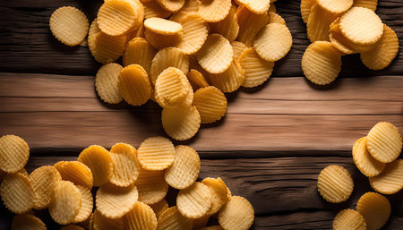 Close-up of a pile of crispy chips arranged on a rustic wooden surface, displaying their golden color and textural details. The image captures the mouth-watering appeal of this popular snack food.の写真素材