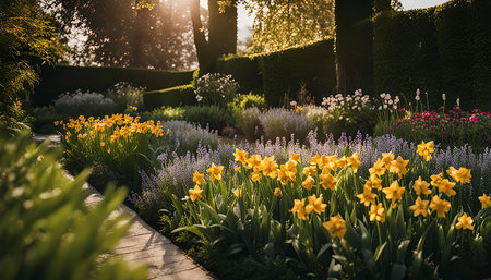 A picturesque garden scene with a stone path leading through rows of vibrant yellow daffodils and purple lavender.の写真素材