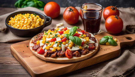 A delicious pizza topped with corn, tomatoes, cheese and basil, served on a wooden board, a perfect meal for a summer evening.の写真素材