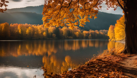 A beautiful river scene with golden autumn leaves reflecting on the water's surface.の写真素材
