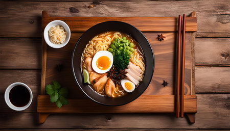 A mouthwatering bowl of ramen with chicken, egg, and vegetables. The noodles are perfectly cooked and the broth is rich and flavorful. A perfect meal for any occasion.の写真素材