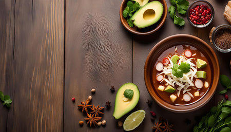 A bowl of Mexican soup with avocado, spices, and other ingredients on a wooden table.の写真素材
