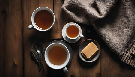 A warm and inviting still life featuring three cups of tea, sugar cubes, and a cozy sweater on a wooden table.の写真素材