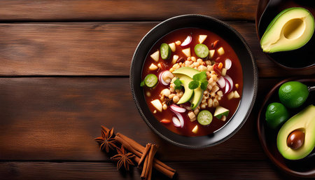 Mexican soup with avocado, lime, and spices in a bowl, ready to eat. The soup is red and tomato-based and contains white beans, red onion, chili, avocado, and lime. This delicious dish is perfect for a healthy and flavorful meal.の写真素材