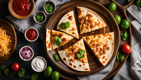 A close-up view of a delicious plate of quesadillas with various toppings like salsa, sour cream, jalapenos, cilantro, and tomatoes. The quesadillas are golden brown and look very appetizing.の写真素材