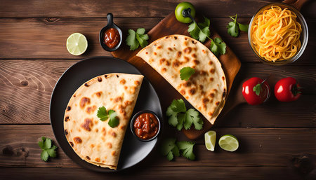 Delicious Mexican quesadillas ready to eat, laid out on a wooden table with all the accompaniments. The quesadillas are golden brown, fresh cilantro and lime wedges are nearby, and there are two bowls of spicy salsa and a small dish with green chilis.の写真素材